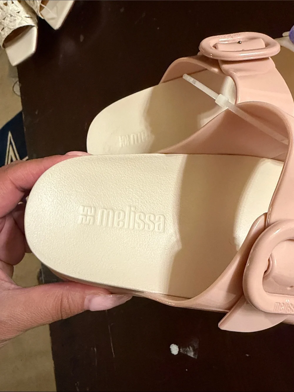 Mini Melissa Two-Buckle Slide Sandals in Pink and Cream